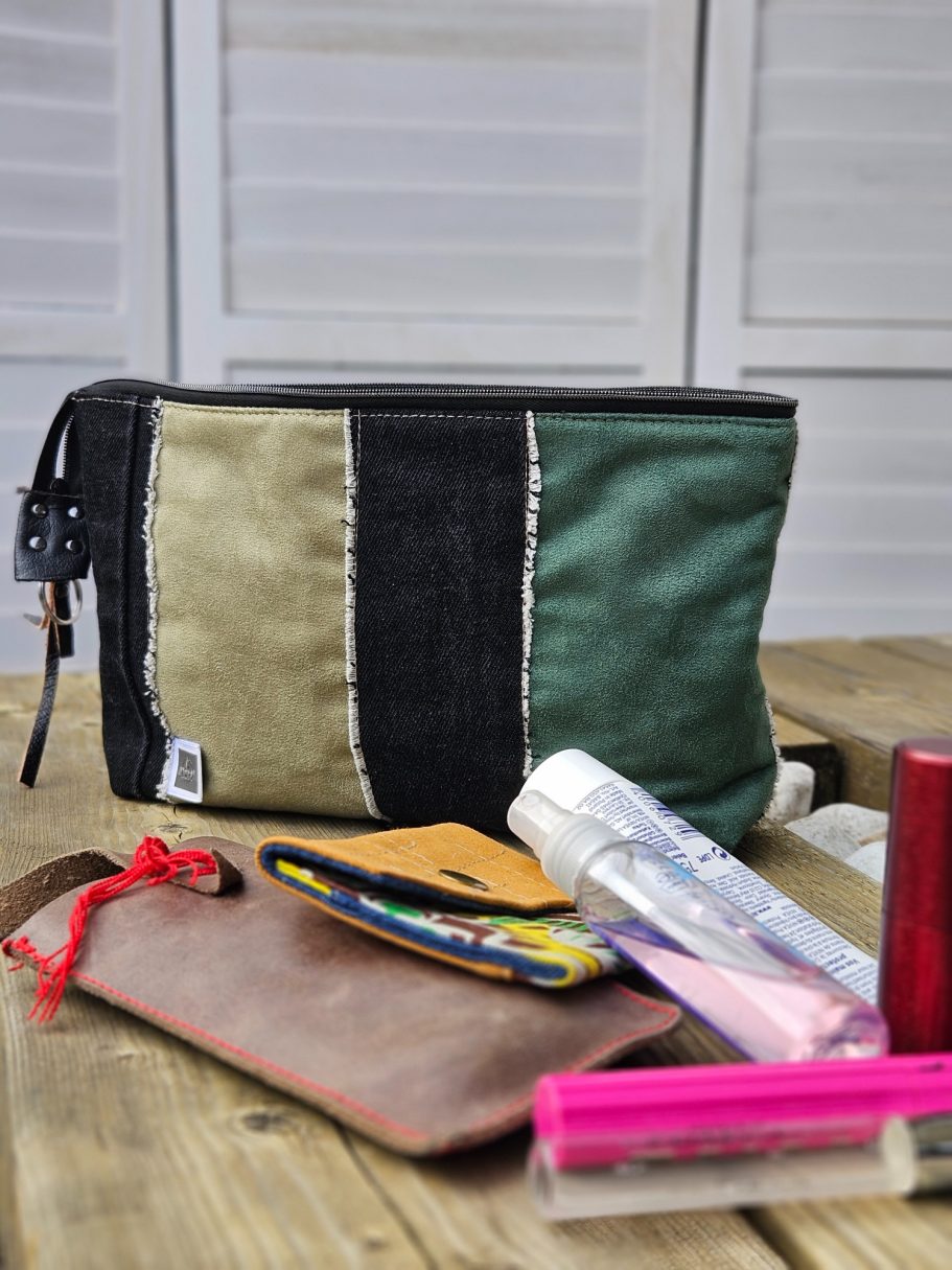 Daily Essentials Patchwork denim pouch with small items beside it for everyday bag organisation