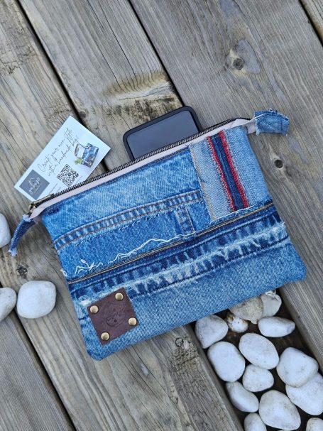 Small denim pouch Upcycled denim zip pouch shown with cards and phone, small practical gift idea from Gabus81