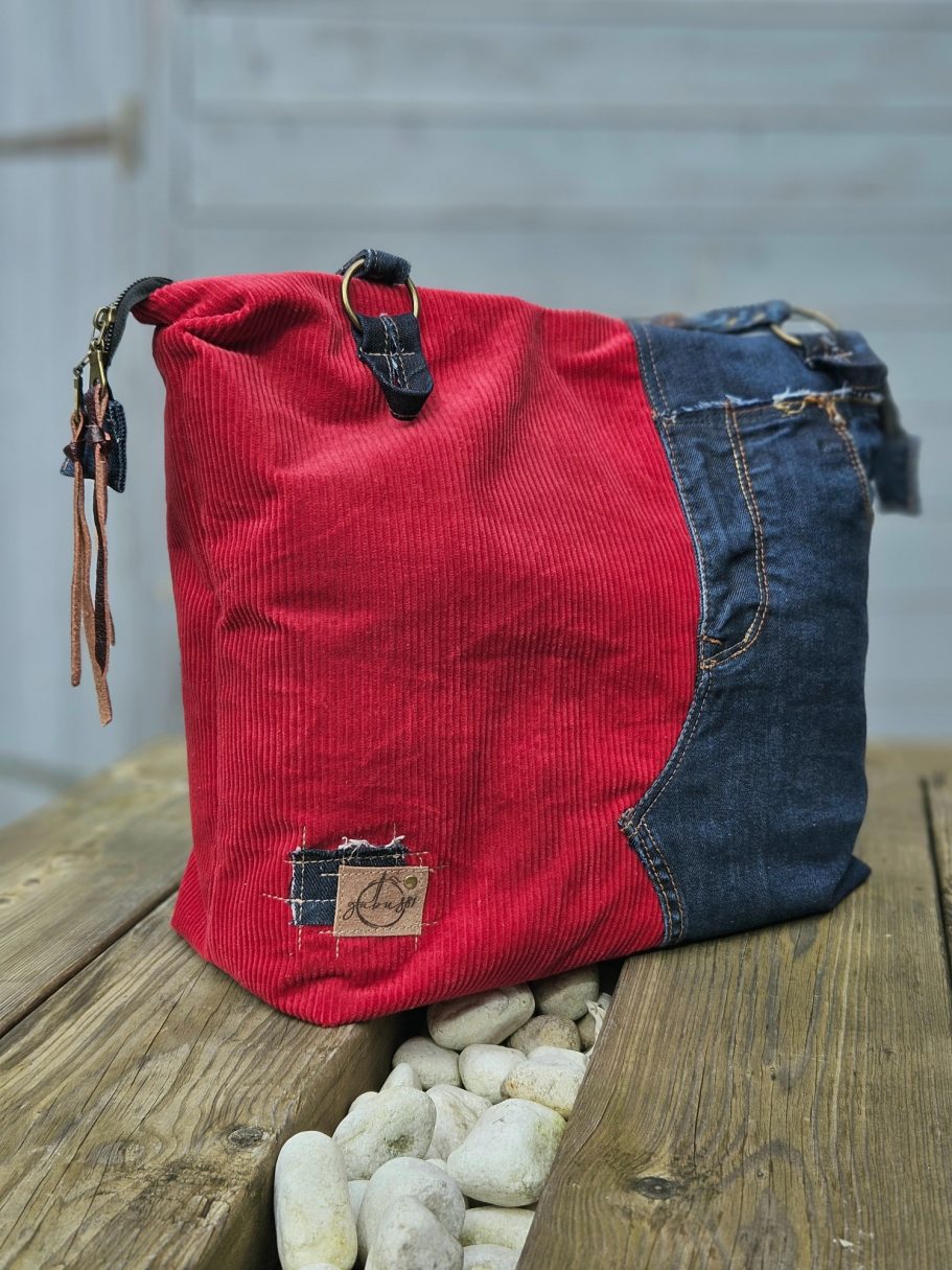 Red and Blue Denim and Corduroy Tote Bag