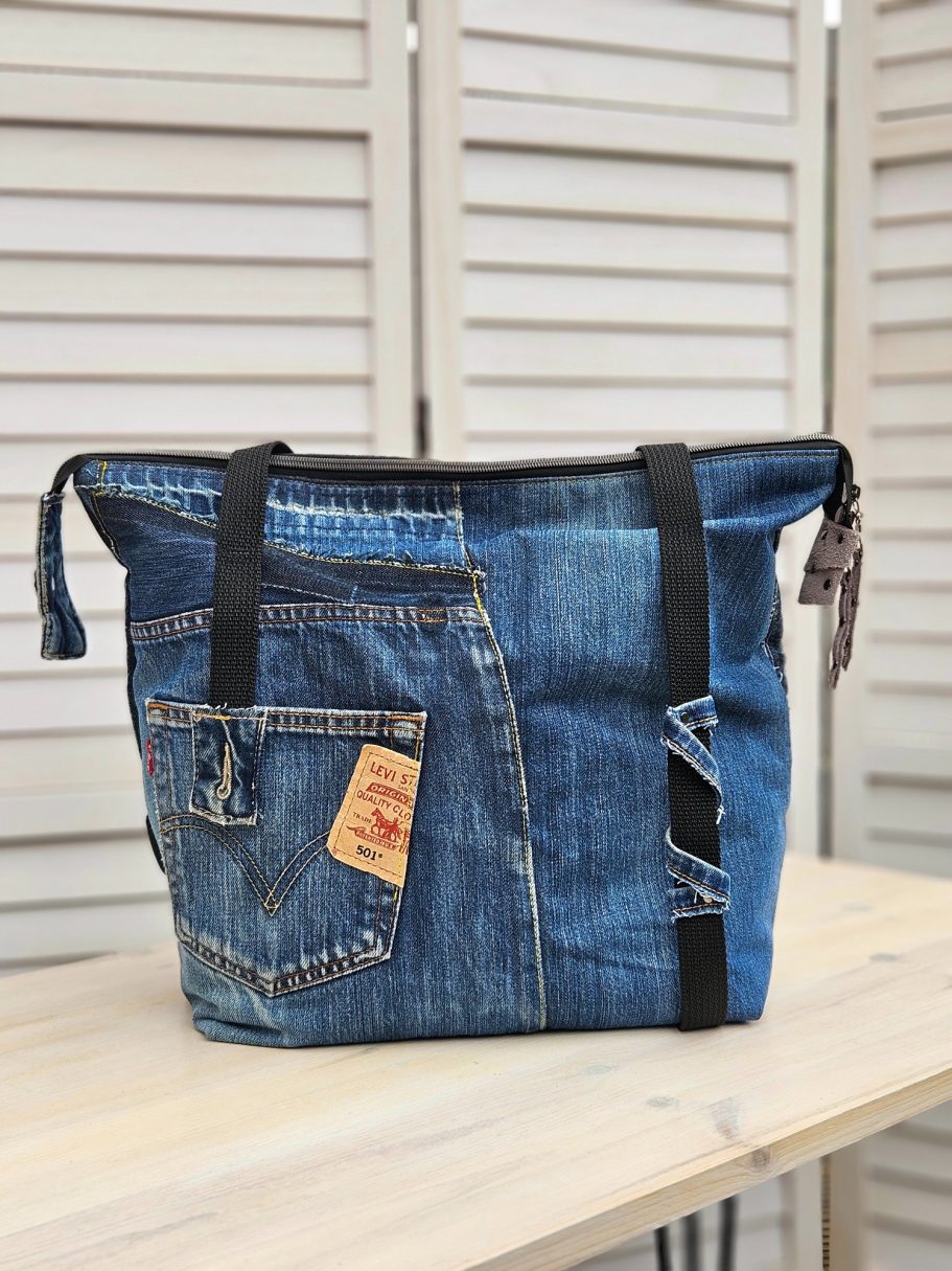 Handmade Denim Tote with Attitude Large handmade denim tote bag made from upcycled jeans with front pocket detail and button accents