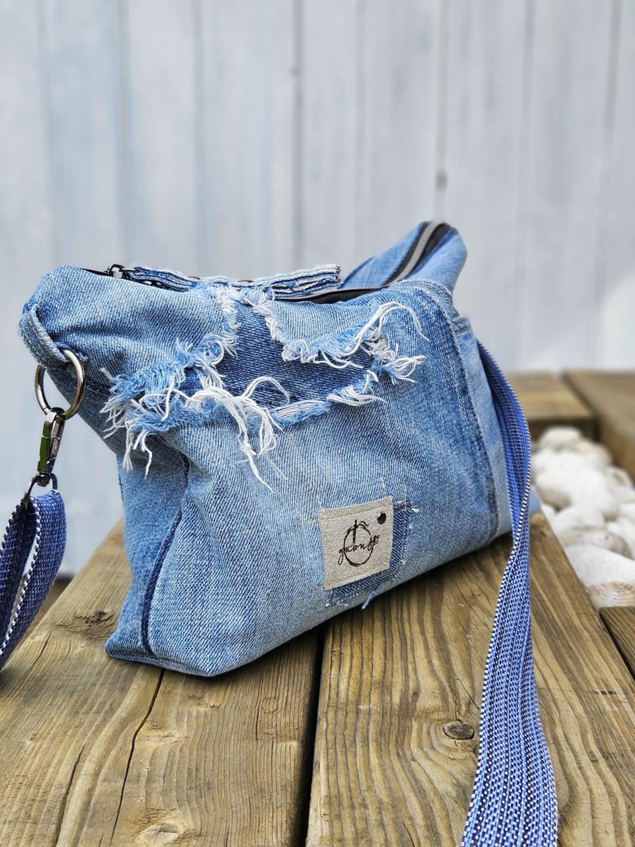 New in Shop Medium upcycled denim tote bag made from reclaimed jeans with long handles and practical everyday size.