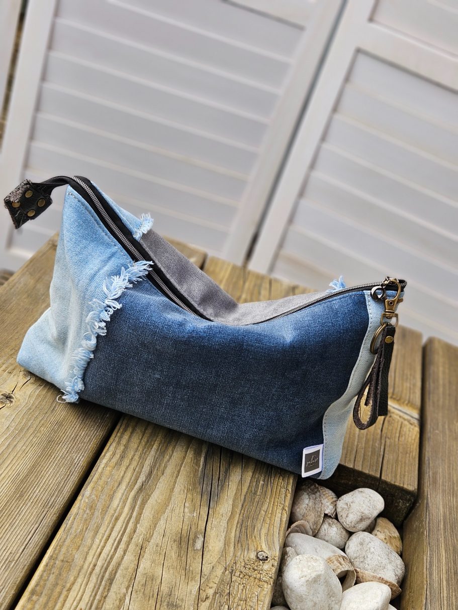 Wide Zip Pouch Blue denim pouch showing soft structure and wide zip opening