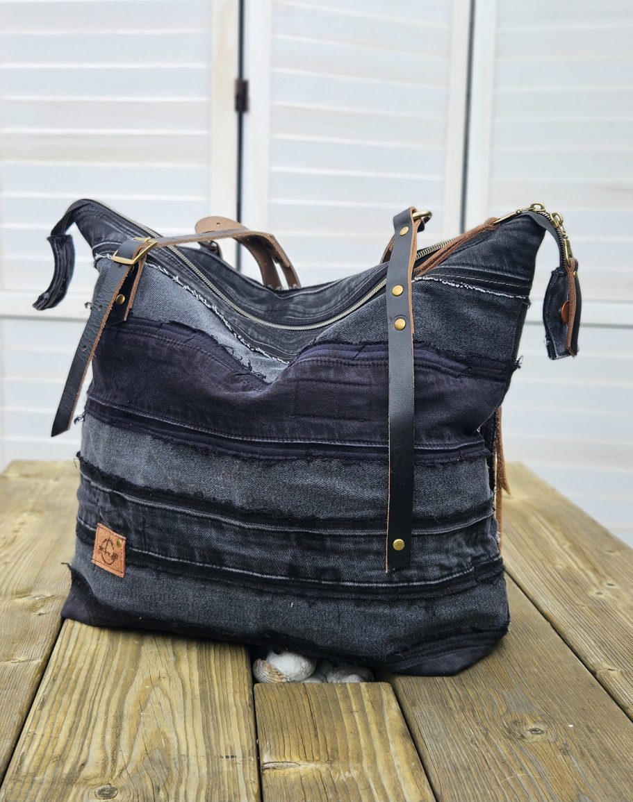 Just added Black reclaimed denim tote bag with double zip, leather pulls and front pocket, handmade by Gabus81